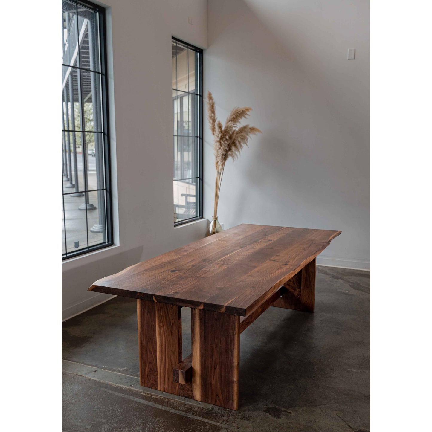 Top and side view of Walnut Trestle Dining Table